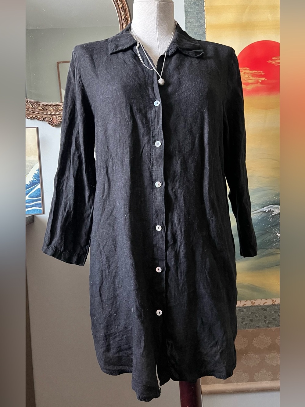 Rosemarine Black Button-Front Linen Tunic Blouse made in Italy